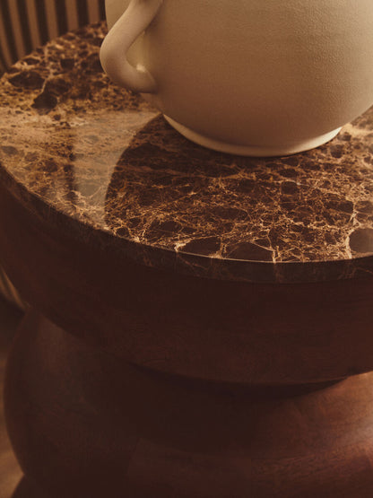 Barola Brown Marble and Mango Wood Round Tiered Side Table