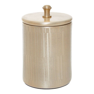 Beige canister with gold lid on a white background