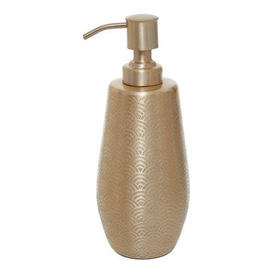 Beige ceramic soap dispenser with decorative pattern on a white background
