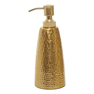Gold soap dispenser with pump on a white background