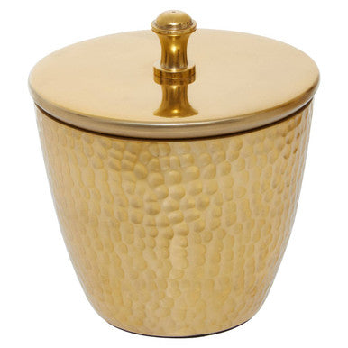 Gold textured container with a gold lid on a white background