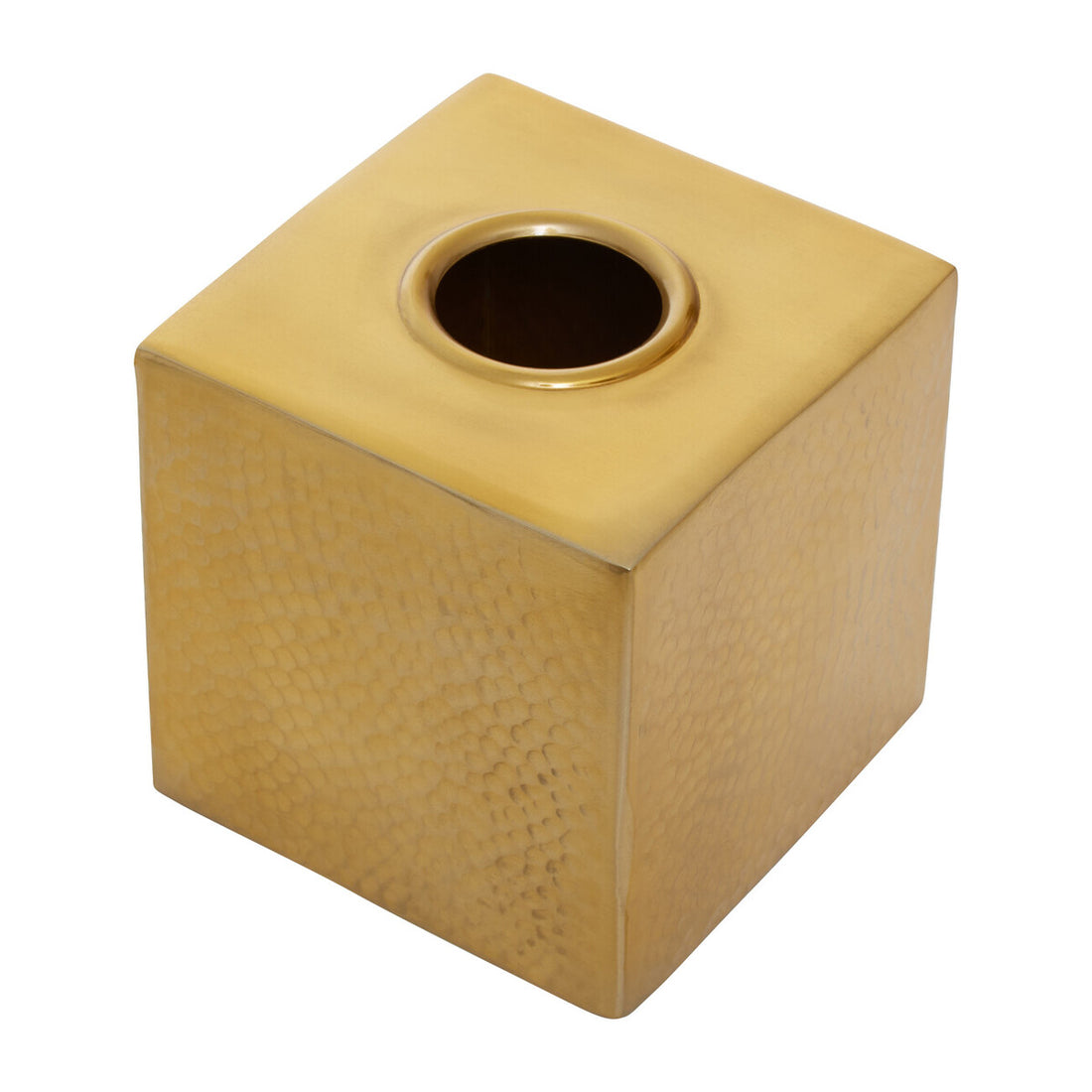 Gold square-shaped object with a circular opening on a white background