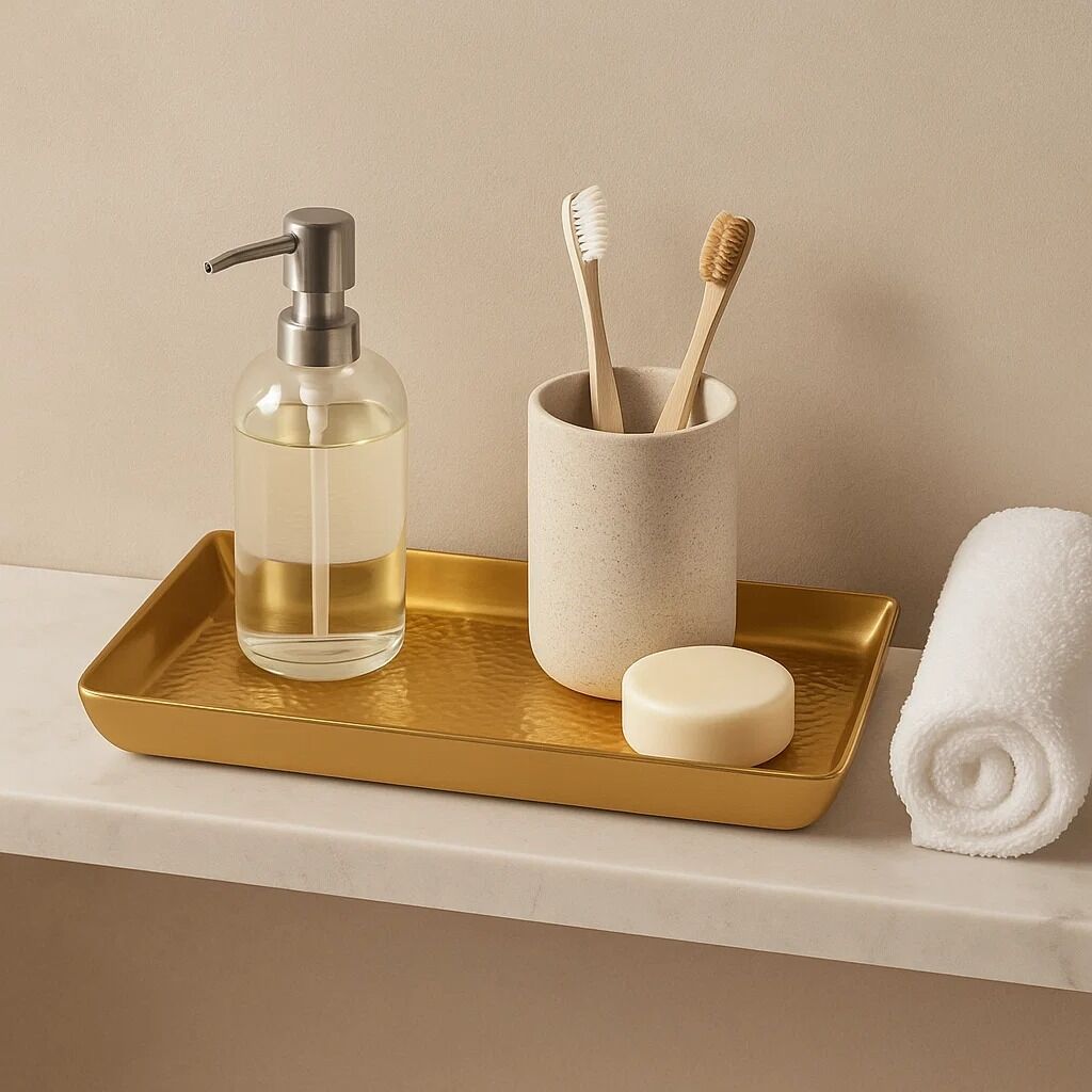 Bathroom setup with a gold tray holding a soap dispenser, toothbrushes, and a cup, with a white towel and bar of soap on a beige surface.