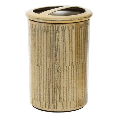 Beige trash can with decorative pattern on a white background
