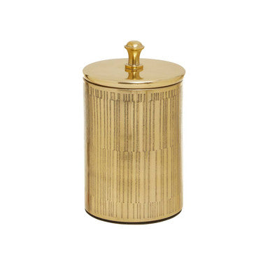 Gold decorative canister with ribbed design on a white background