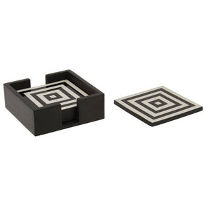 Donato Set of Four Black and White Stripe Coasters with Holder