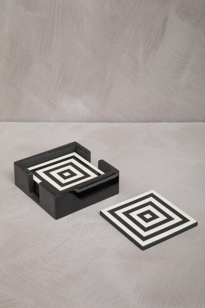 Donato Set of 4 Black and White Stripe Coasters with Holder