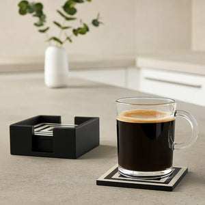 Set of 4 Black and White Stripe Coasters with Holder | Donato