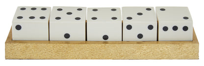 Set of six dice on a wooden stand