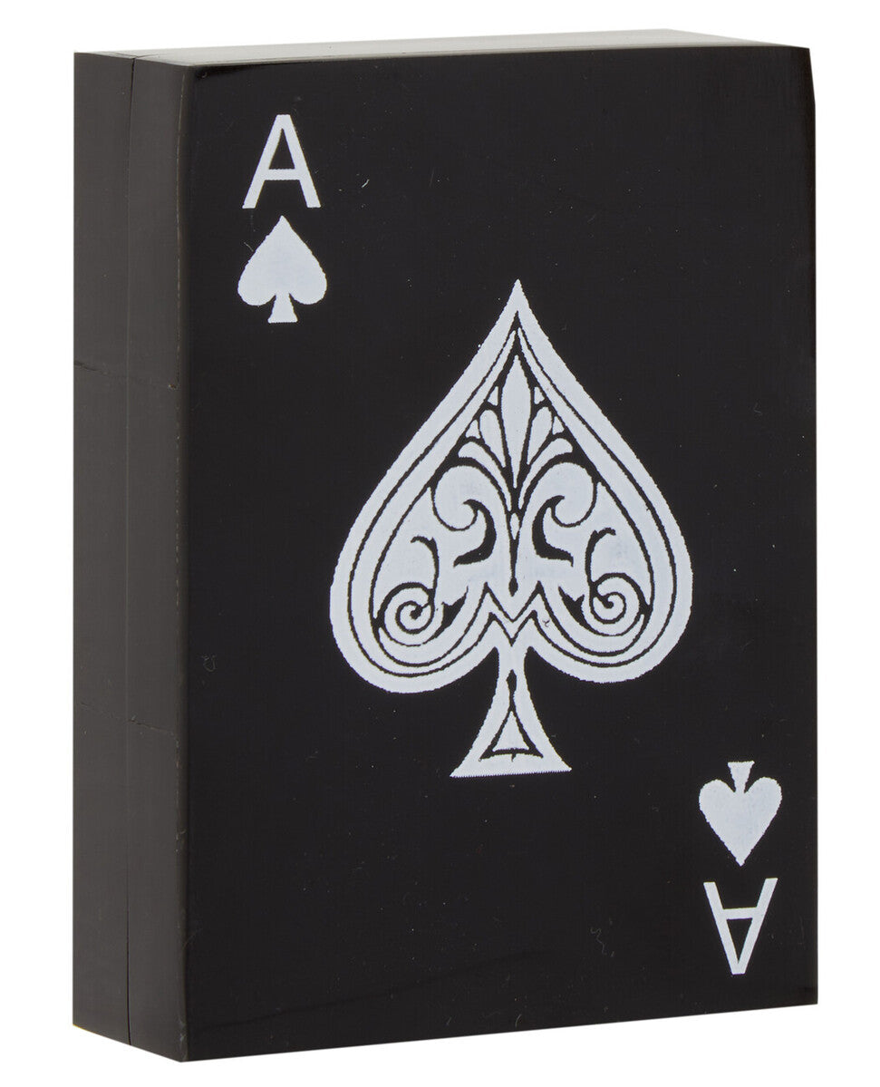 Black playing card box with white spade symbol and &