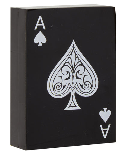 Black playing card box with white spade symbol and &