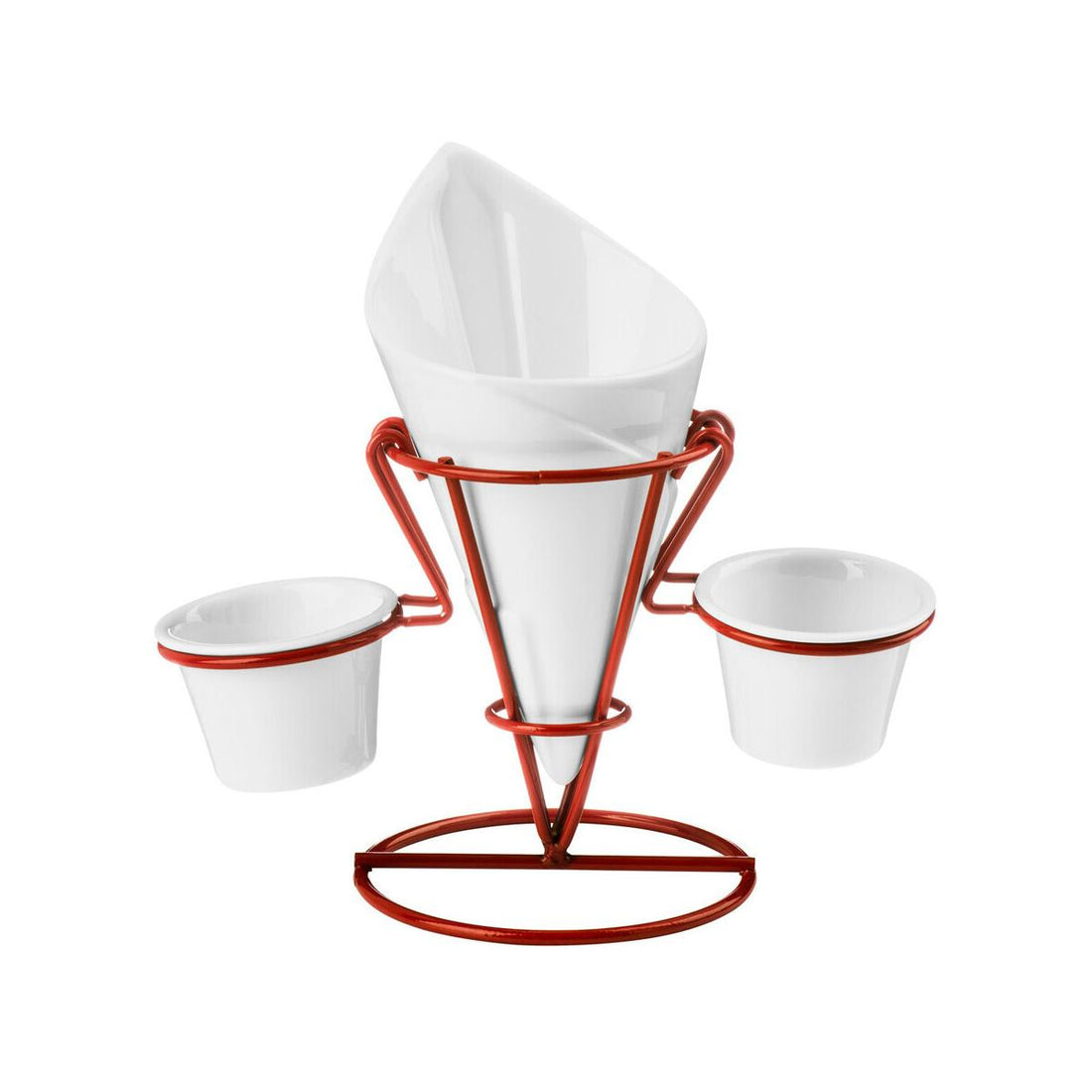 Red Metal French Fry Cone With 2 Dip Dishes
