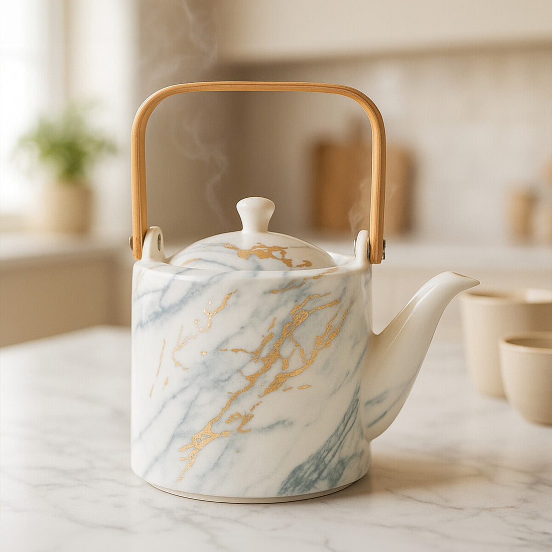 Marble-patterned teapot with wooden handle on a kitchen counter