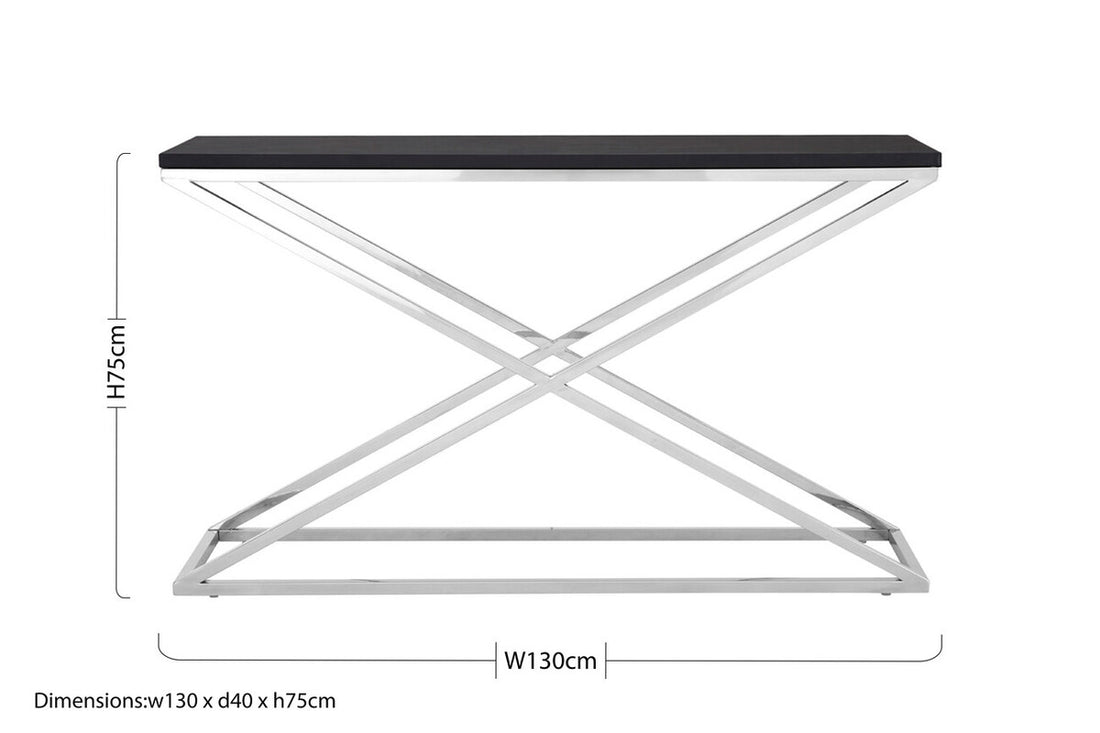Black Leather Effect Top Console Table with Stainless Steel Criss Cross Frame, Tribute