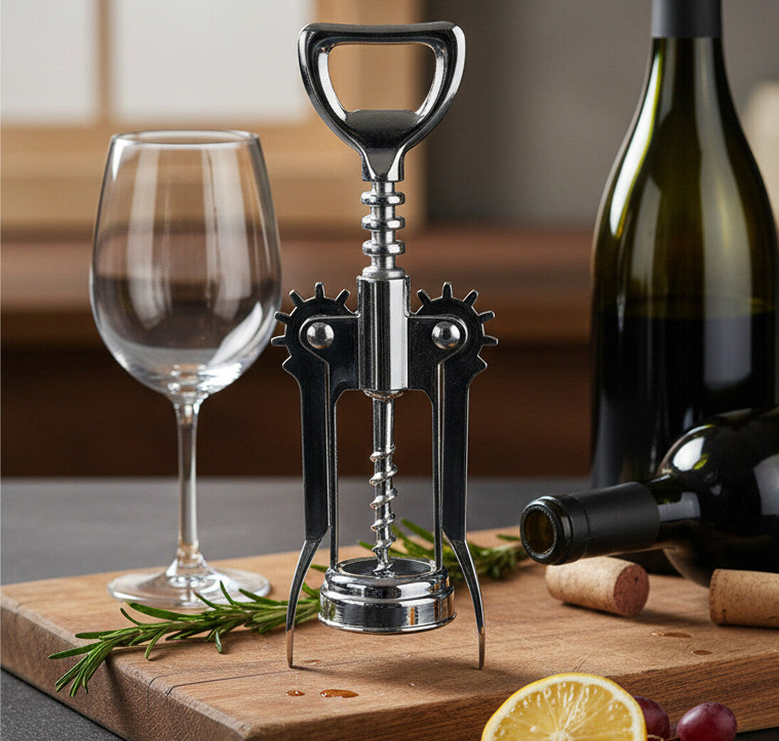 Corkscrew on a wooden board with wine glass, bottles, and fruit in the background