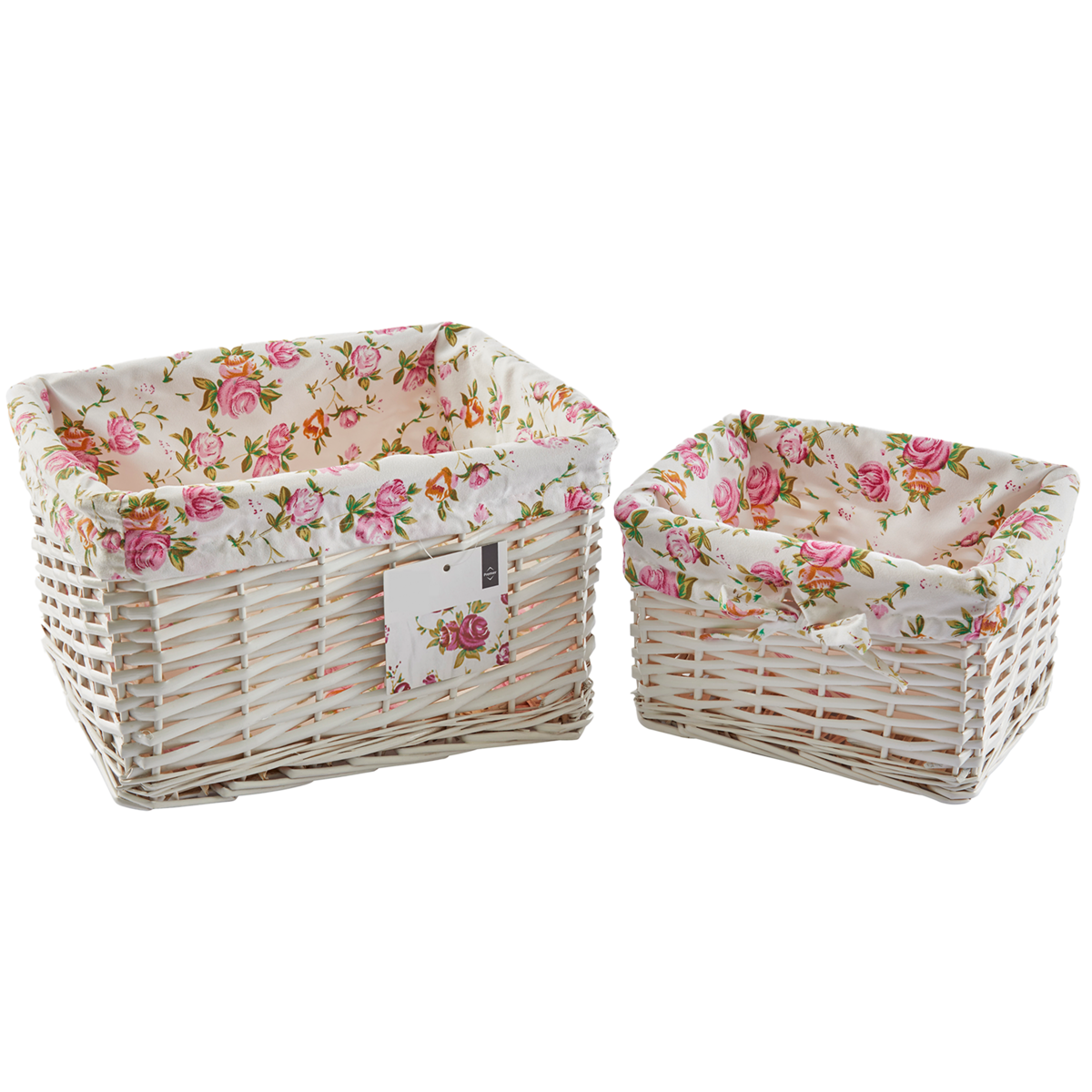 Carton Set of 2 Whitewash Split Willow Baskets with Floral Linings - Image 1