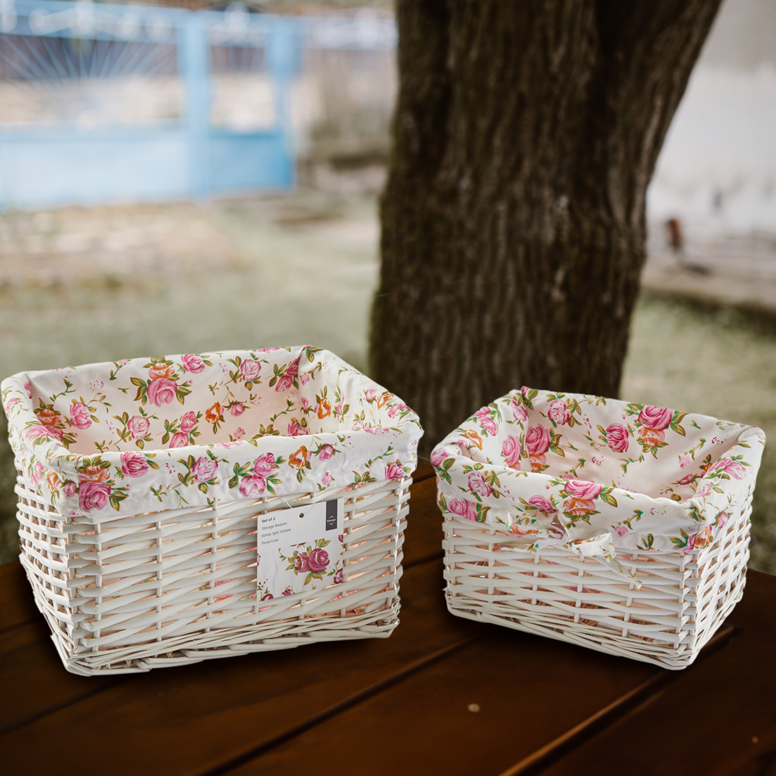 Carton Set of 2 Whitewash Split Willow Baskets with Floral Linings - Image 3