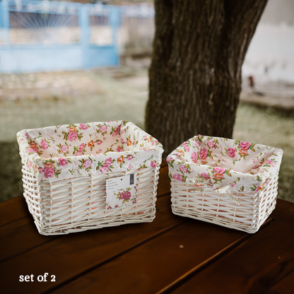 2 x  Sets of 2 White Wash Willow Baskets With Floral Lining | Orla