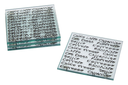 Stack of transparent coasters with coffee-related text on a white background