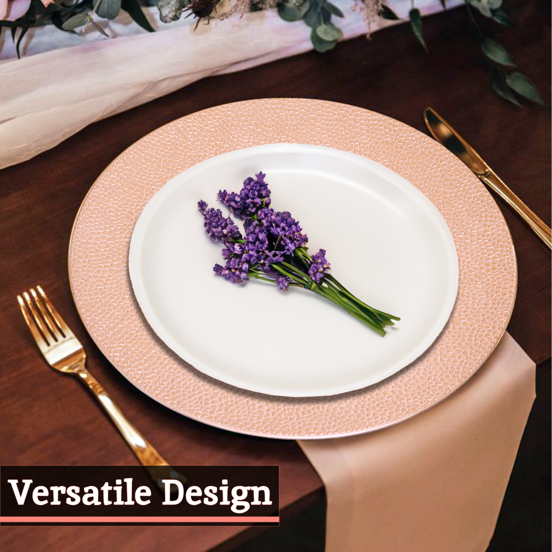 White plate with lavender on a pink placemat, gold cutlery, and floral tablecloth.