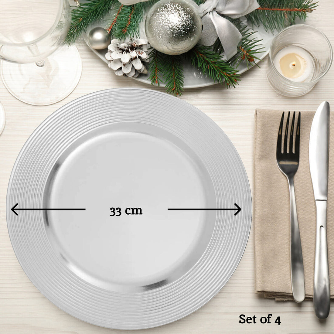 Dia Silver Charger Plate With Ribbed Rim