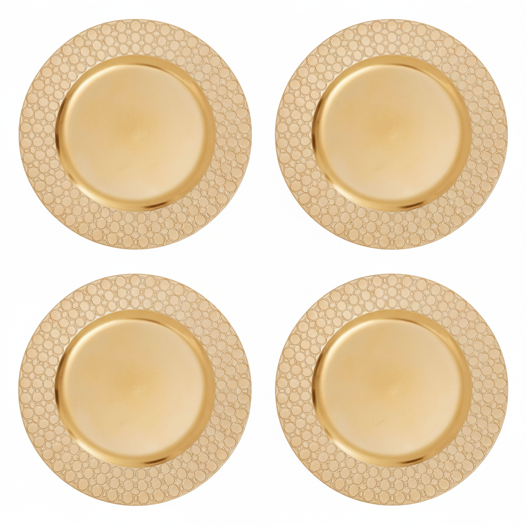 Set of Four 33cm Dia Gold Charger Plates with Octagon Pattern Rim