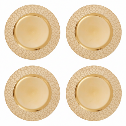 Set of Four 33cm Dia Gold Charger Plates with Octagon Pattern Rim