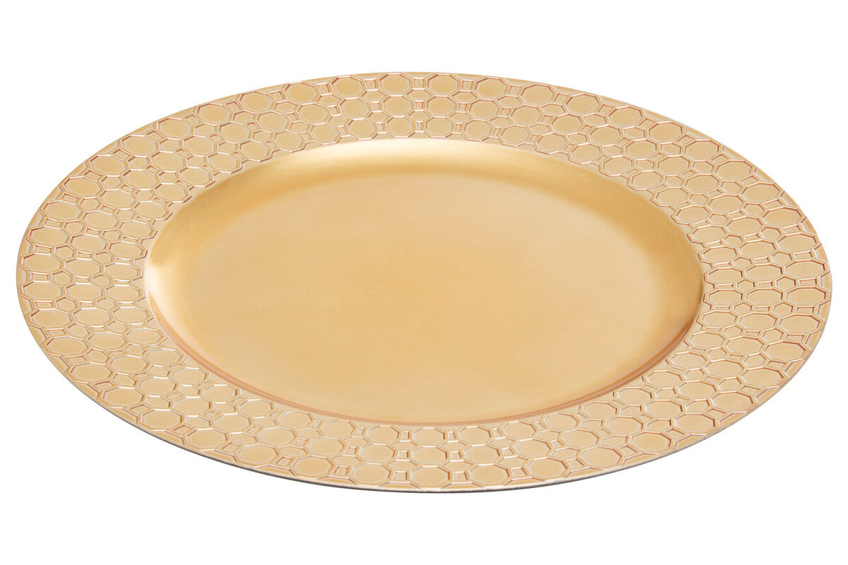 Set of Four 33cm Dia Gold Charger Plates with Octagon Pattern Rim