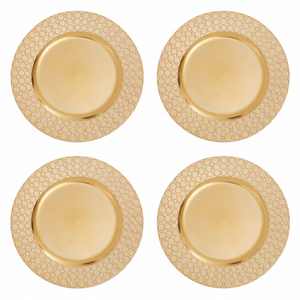 Set of Four 33cm Dia Gold Charger Plates with Octagon Pattern Rim