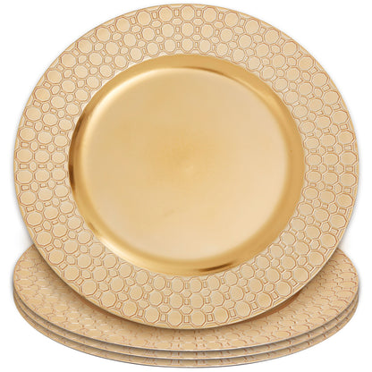 Set of Four 33cm Dia Gold Charger Plates with Octagon Pattern Rim