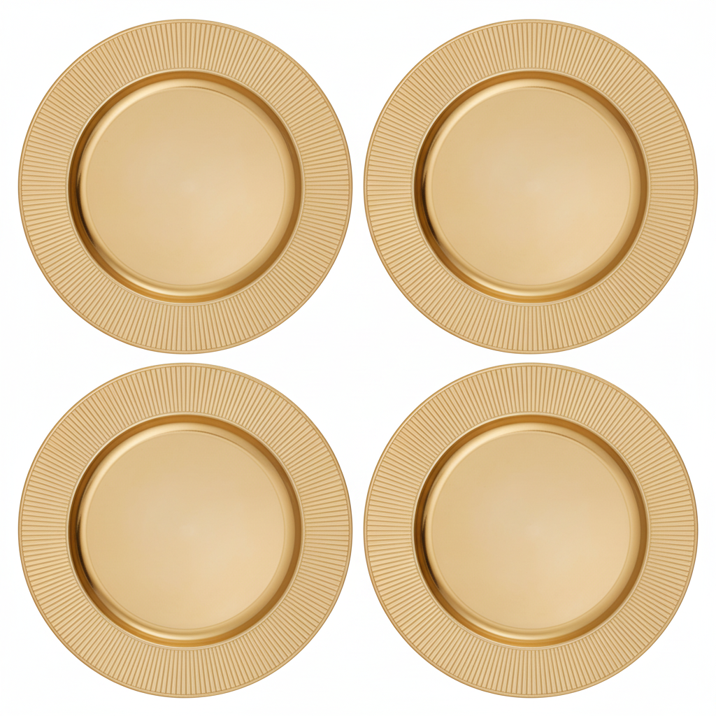 Set of Four 33cm Dia Gold Charger Plates with Ribbed Rims