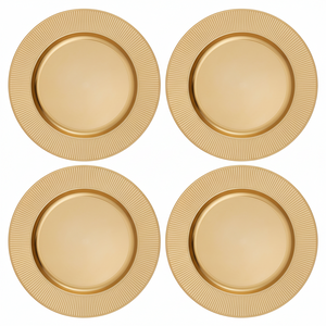 Set of Four 33cm Dia Gold Charger Plates with Ribbed Rims