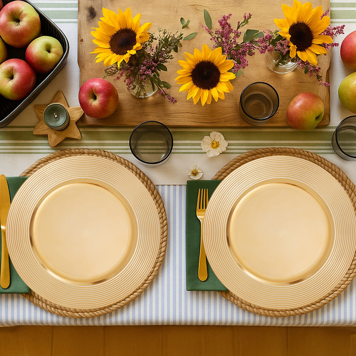 Set of Four 33cm Dia Gold Charger Plates with Ribbed Rims