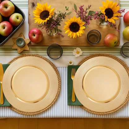 Set of Four 33cm Dia Gold Charger Plates with Ribbed Rims