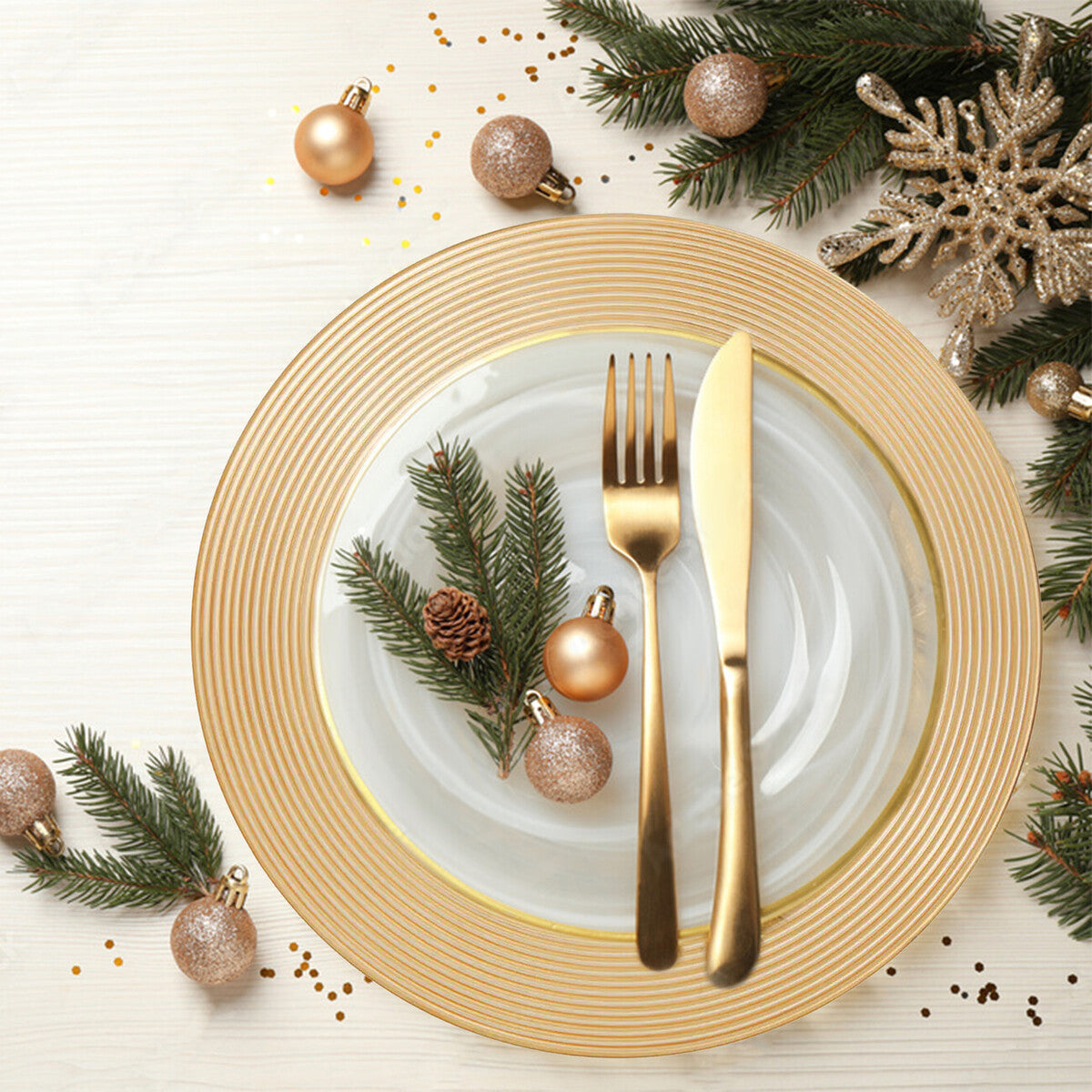 Set of Four 33cm Dia Gold Charger Plates with Ribbed Rims