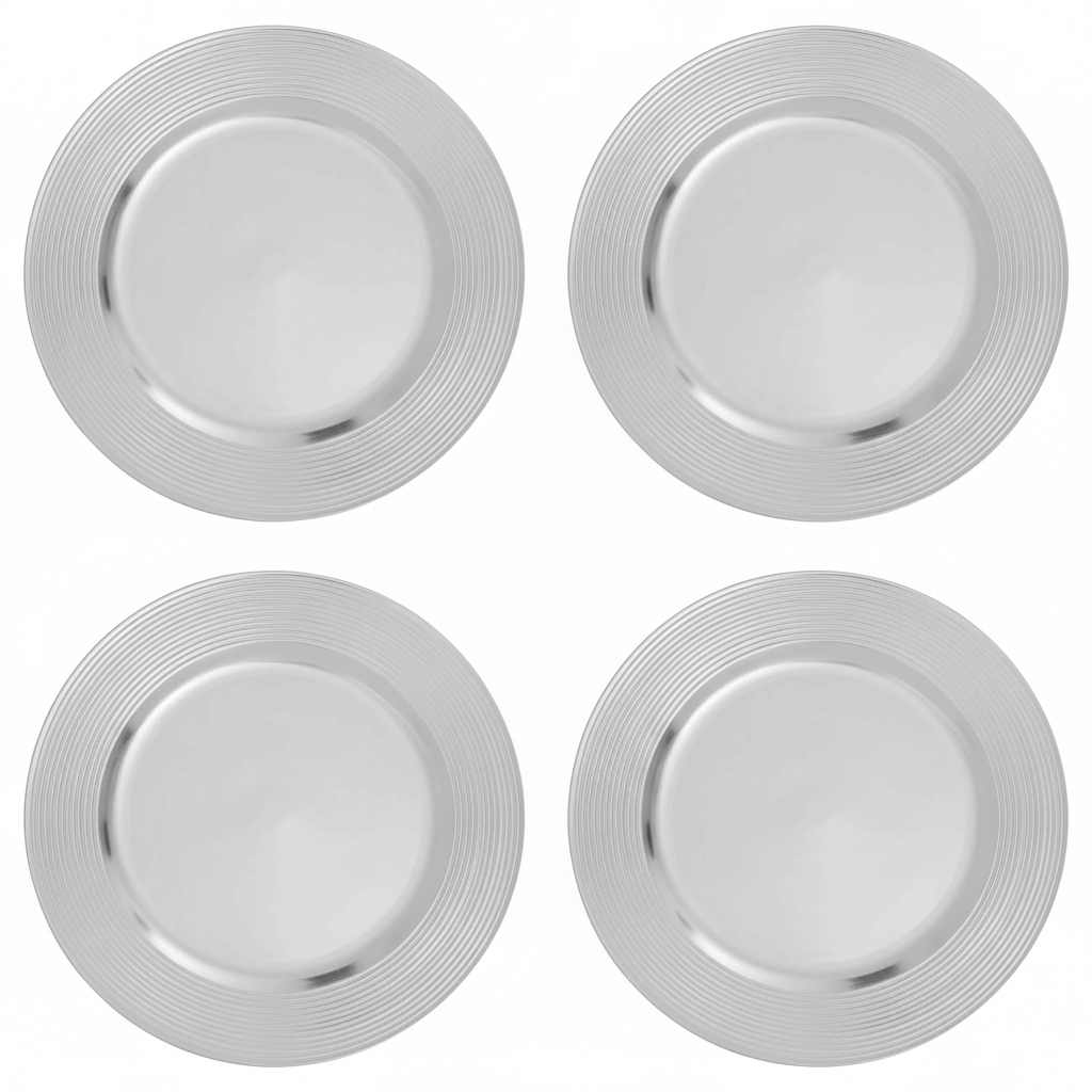 Set of Four 33cm Dia Silver Charger Plates with Ribbed Rims