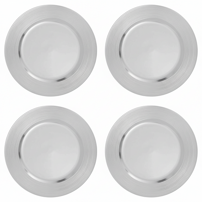 Set of Four 33cm Dia Silver Charger Plates with Ribbed Rims