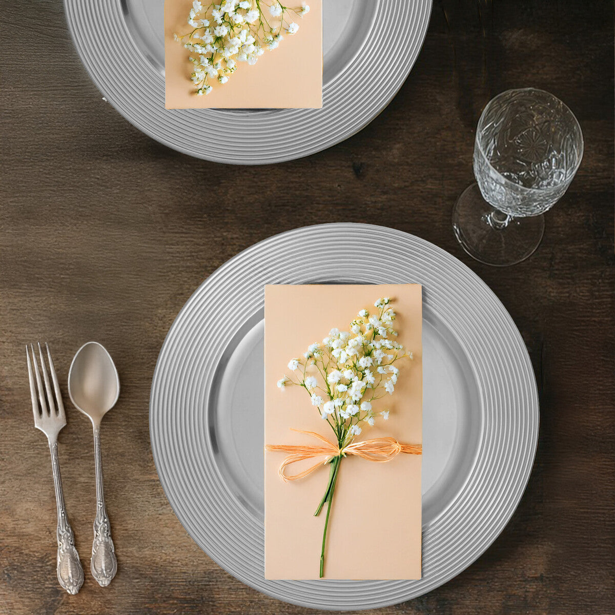 Set of Four 33cm Dia Silver Charger Plates with Ribbed Rims