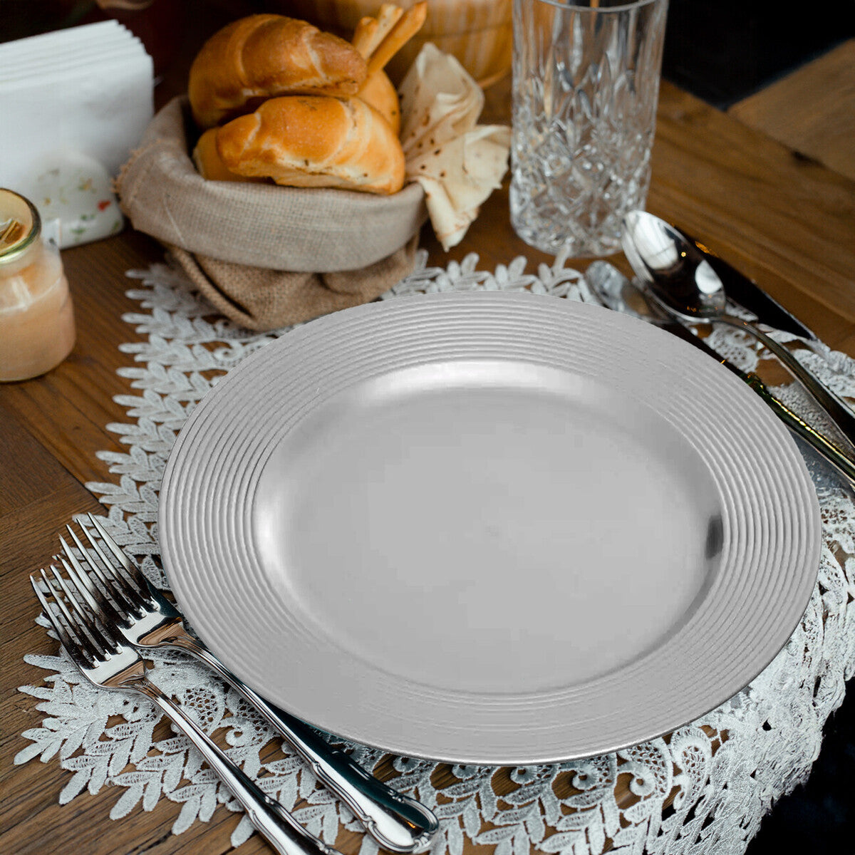Set of Four 33cm Dia Silver Charger Plates with Ribbed Rims