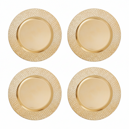 Set of Four 33cm Dia Gold Charger Plates with Hammered Rims