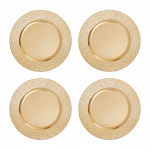 Set of Four 33cm Dia Gold Charger Plates with Hammered Rims