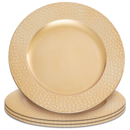 Set of Four 33cm Dia Gold Charger Plates with Hammered Rims