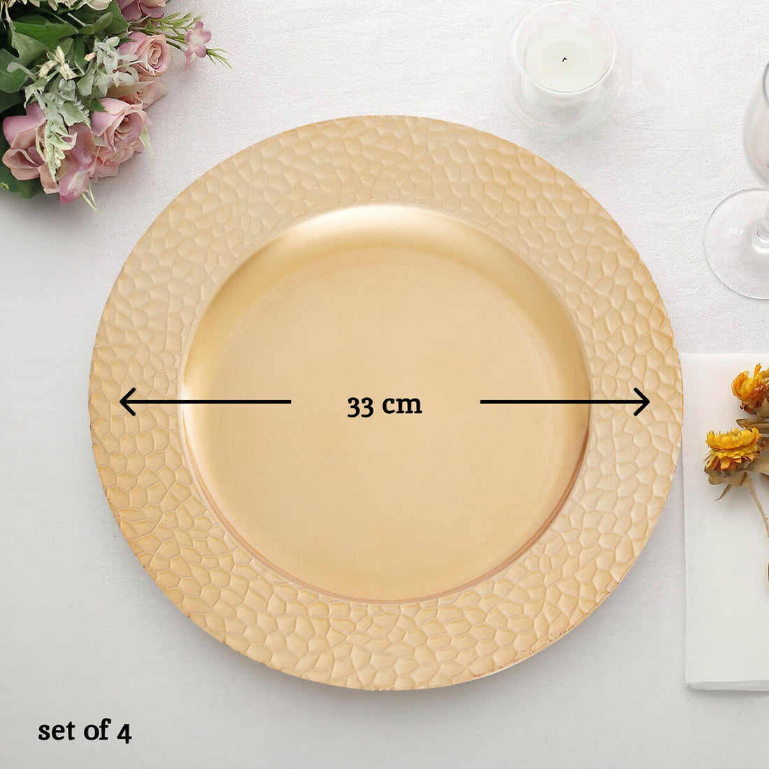 Set of Four 33cm Dia Gold Charger Plates with Hammered Rims - Image 9