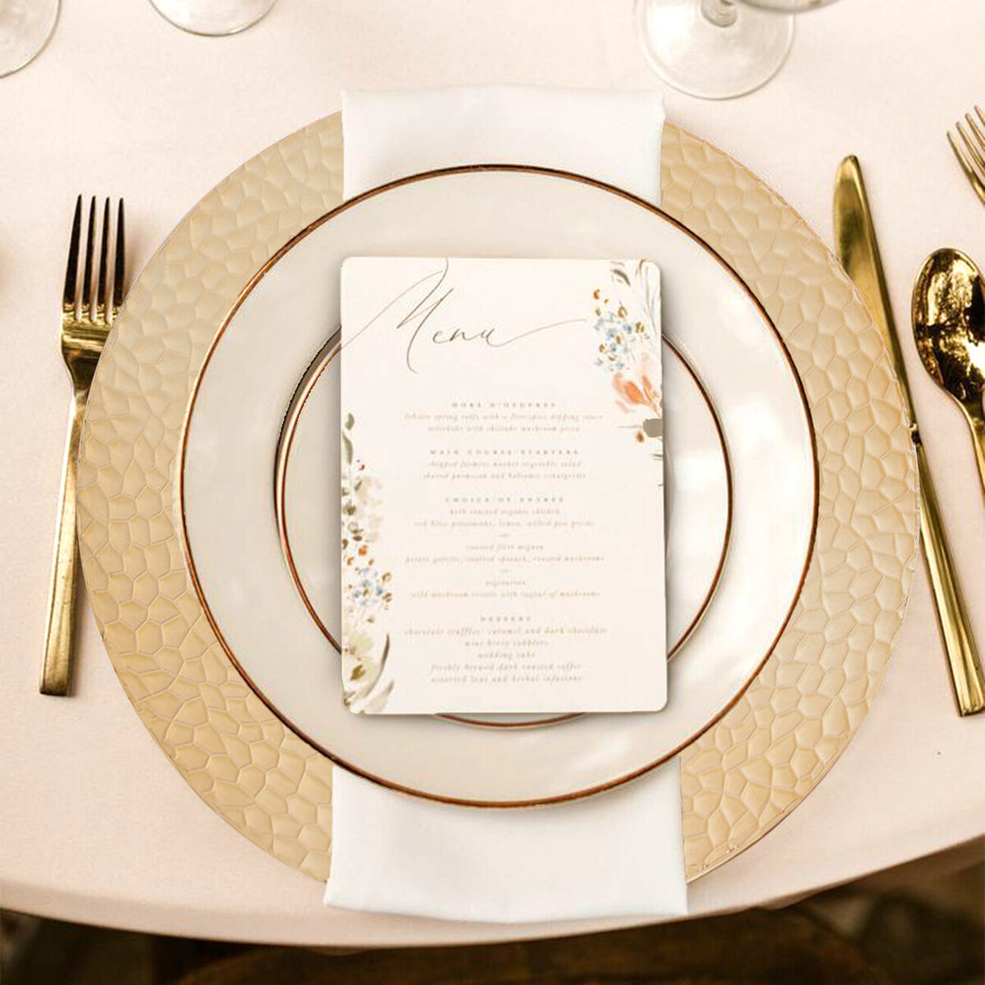 Set of Four 33cm Dia Gold Charger Plates with Hammered Rims - Image 5