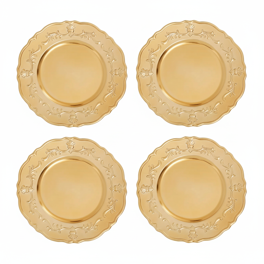 Set of Four 33cm Dia Gold Finish Baroque Charger Plates