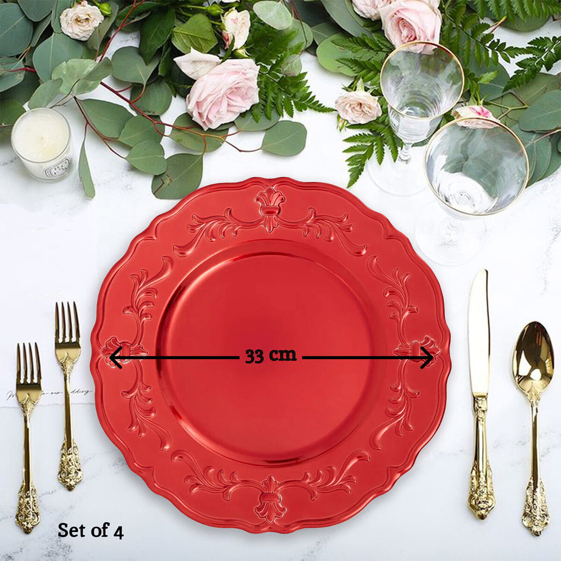 Set of Four 33cm Dia Red Finish Baroque Charger Plates - Image 8