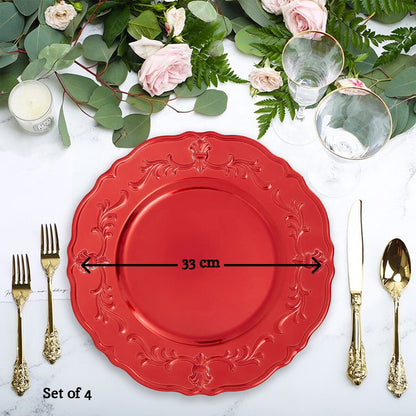 Set of Four 33cm Dia Red Finish Baroque Charger Plates