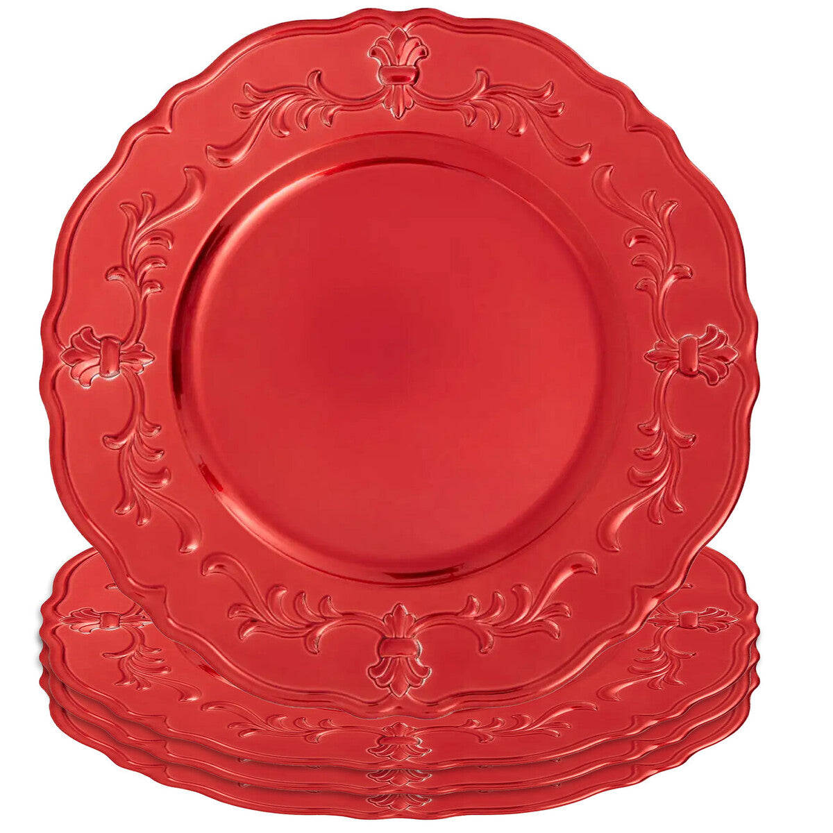 Set of Four 33cm Dia Red Finish Baroque Charger Plates