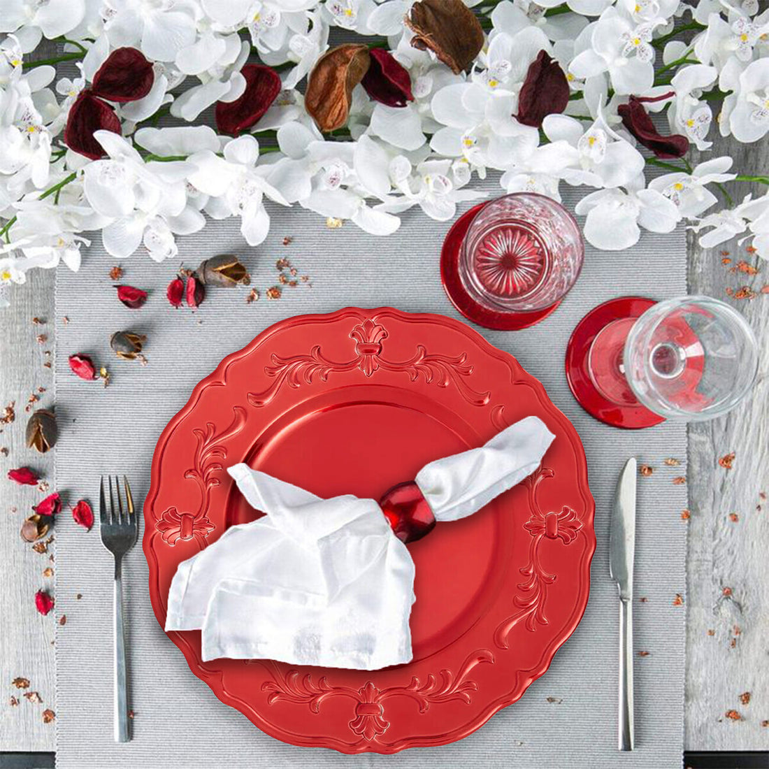 Set of Four 33cm Dia Red Finish Baroque Charger Plates - Image 3