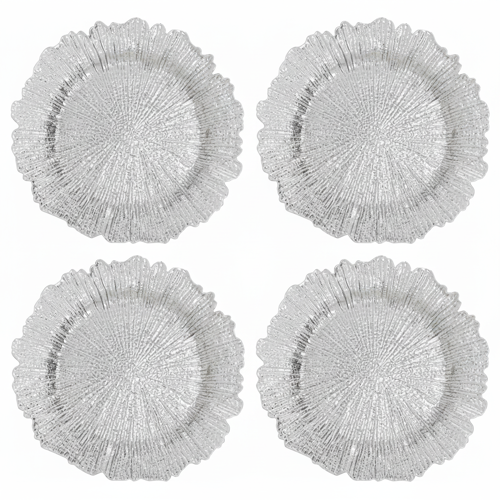 Set of Four 33cm Dia Silver Finish Reef Charger Plates